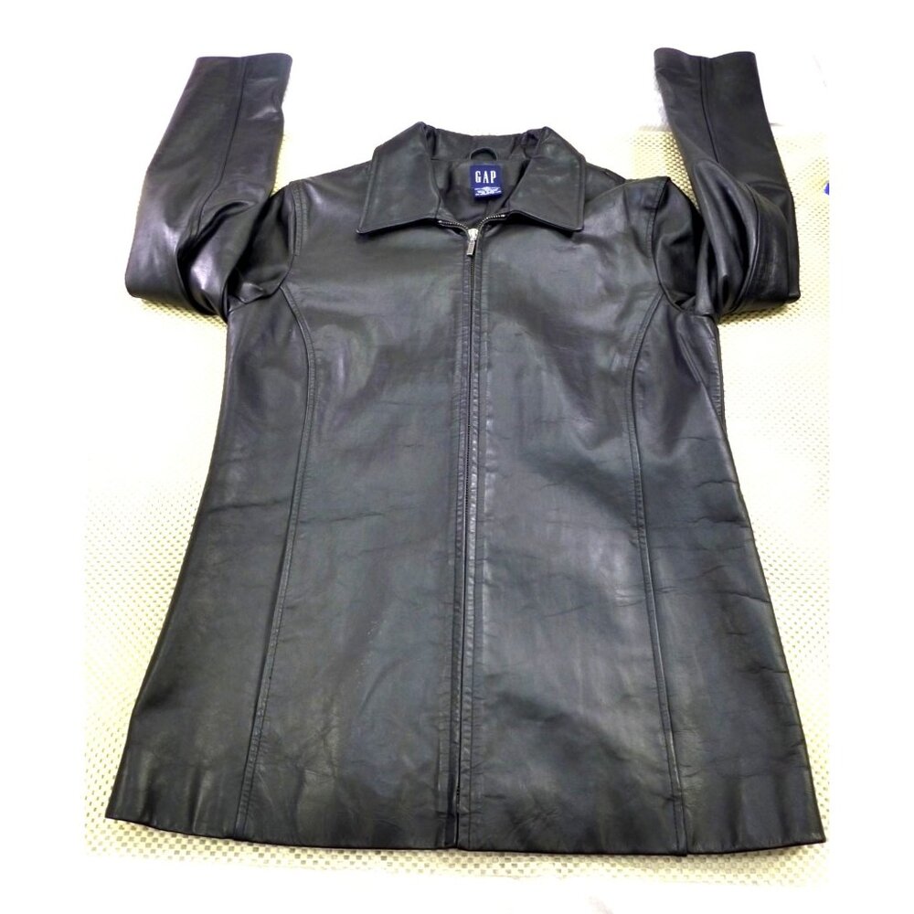 Y2K Vintage Gap Black Genuine Leather Zip‎ Up Lined Jacket Coat Women’s Med